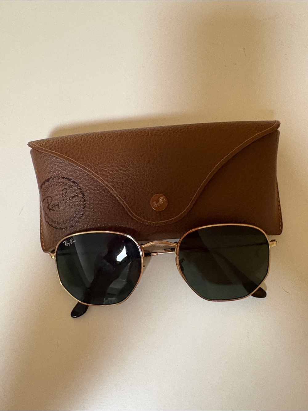 Ray-Ban Gold Frame Sunglasses with Dark Green Lenses and Brown Case